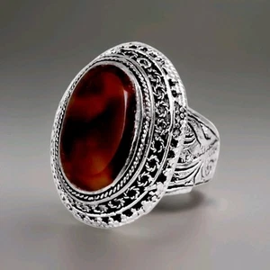 Vintage Unisex Pakistan/Kashmir Anello Argento 925 CABOCHON CORNIOLA dm 20 tg 10 - Foto 1 di 5