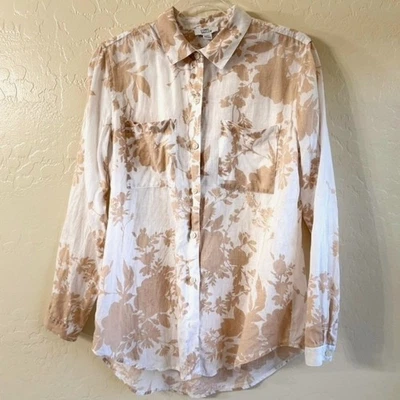 Camisa Lord Taylor para mujer de lino con estampado floral manga larga con botones, bronceado, M Foto 1 de 4