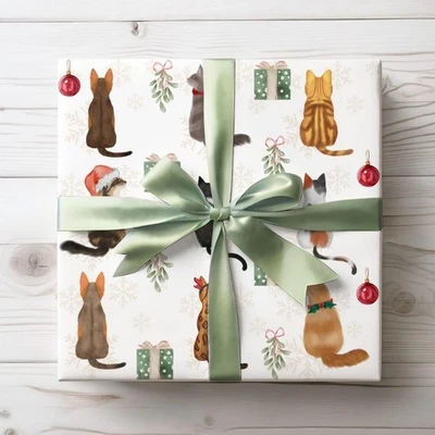 Watercolor Cats Christmas Wrapping Paper, Festive Cat Lovers Gift Wrap - Image 1 of 4