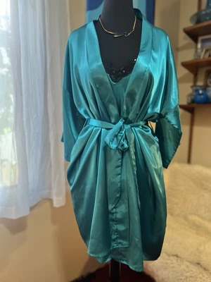 Vestido sin Mangas De Colección Años 80 Brillante Satén Turquesa Verde Azulado Cuentas Bata Apóstrofe EE. UU. Med Foto 1 de 4
