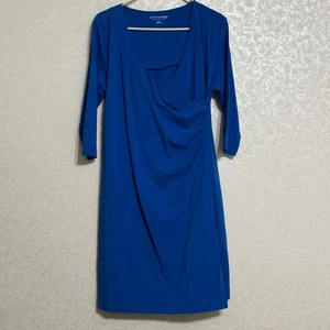 Soft Surroundings Blue Ruched Faux Wrap Front Dress 3/4 Sleeve Stretch Petite M - Picture 1 of 6