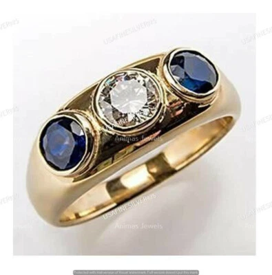 Anillo de compromiso de 3 piedras con zafiro azul simulado de 6 quilates talla 8 chapado en oro amarillo de 14 K Foto 1 de 3