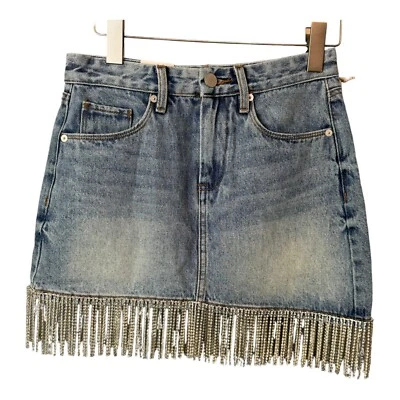 Falda vaquera con flecos de diamantes de imitación Bright Moments en blanco nueva con etiquetas talla 25 Foto 1 de 4