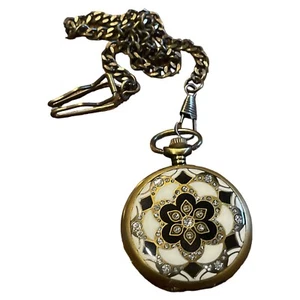 NOS Antiqued Gold Case Geometric Floral Black Face Quartz Pocket Watch W/Chain - Picture 1 of 4