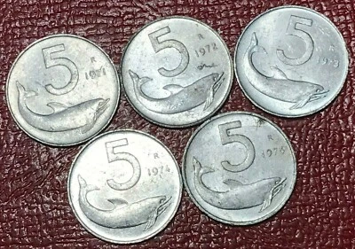 VERY NICE LOT 5 ITALY 5 LIRE COINS-1971,1972,1973,1974,1976-AGT603 - Image 1 of 2