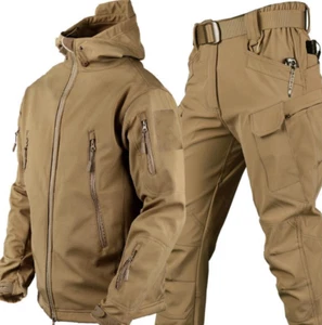 Mens Combat Warm Hooded Jacket Waterproof Tactical Coat With PANT Set Outdoor - Picture 1 of 30