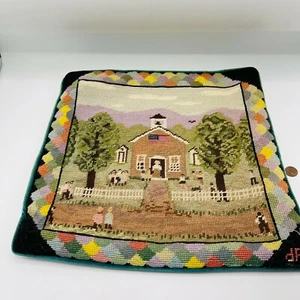 91 Vintage Needlepoint Pillow Cover Velvet Patricia Dupont Schoolhouse Americana - Picture 1 of 12