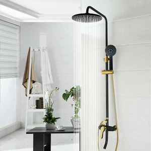 3-Way Black Gold Shower Faucet Set Wall Mount Rainfal 9" Head Handheld Spray Tap - Picture 1 of 7