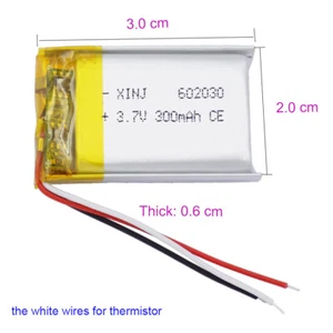 3.7V 300mAh 1.1Wh Rechargeable Li Battery Thermistor JST 3Pin Connector 602030 - Picture 1 of 14