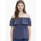 Madewell Silk Balcony Off-the-Shoulder Top Stripe Navy Blue Women’s Size Small S