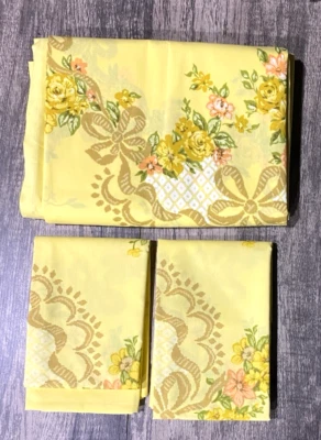 Par de sábanas y funda de almohada vintage Queen floral amarilla años 70-80 EE. UU. Foto 1 de 4