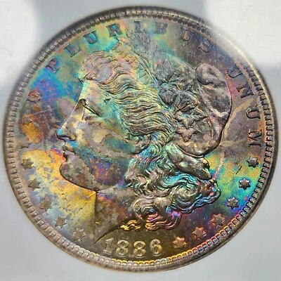 1886 NGC MS64 CAC Morgan Plata $1, Radiante Único Tonificación Arco Iris con Hilos de Bolsa Foto 1 de 4