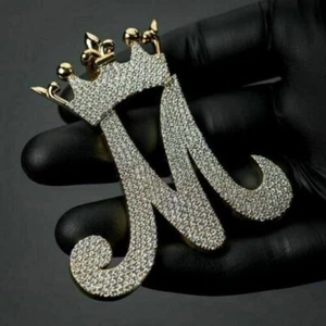 Men's Letter M with Crown Pendant 2 Ct Simulated Diamond 14K Yellow Gold Plated - Picture 1 of 4
