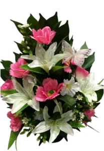 Grave Pot Silk Flower Artificial Pink Arrangement Flat Back Lily Any Colour Mix - Picture 1 of 8