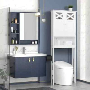 Over The Toilet Bathroom Storage Cabinet Wooden Organizer with 2 Door Open Shelf - Picture 1 of 11
