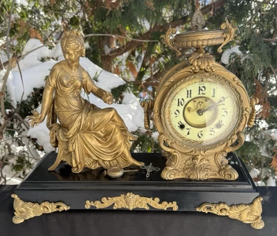 Antiguo Reloj Manto Estatua Figura NIÑA FLOR C 1906 New Haven - FUNCIONA - VIDEO Foto 1 de 4