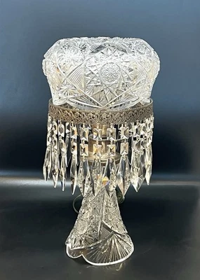 17" Antique American Brilliant Style Cut Glass Dome Shade Lamp 25 Hanging Prisms - Image 1 of 4