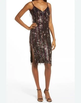 Vestido midi para mujer The Population XXL negro multi Yvonne lentejuelas flecos Foto 1 de 4