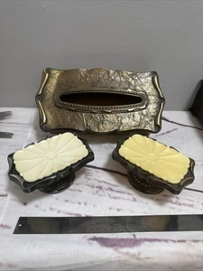 VINTAGE 1970's BRASS AMEROCK CARRIAGE HOUSE TISSUE KLEENEX BOX & Soap Dishes - Picture 1 of 12