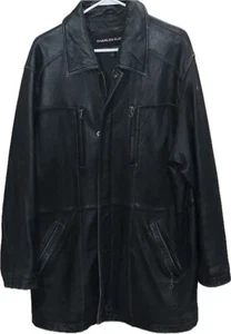 Charles Klein Leather Coat Trench Duster Men's Size 2XL Black 6 Pockets 34" Long - Picture 1 of 6