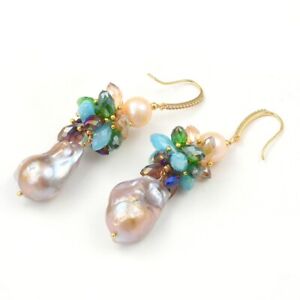 Purple Keshi Baroque Pearl Colorful Crystal CZ Paved Gold Plated Hook Earrings