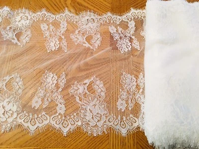3 Yards Snow White Floral Embroidered Eyelash French Lace Trim/Shawl/10.5" Wide - Image 1 of 4