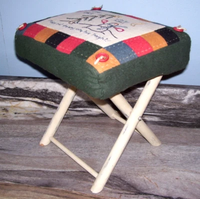 Hand Embroidered Cushon Top Folding Stool. Very Nice! - Image 1 of 4
