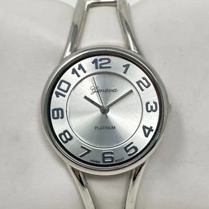 Geneva Watch Women 32mm Silver Tone Hinged Cuff Round New Battery 6.25" - Picture 1 of 13