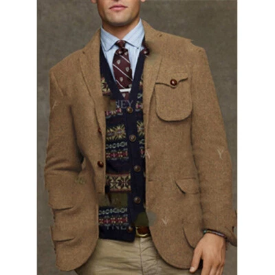 Chaqueta Safari Vintage Tweed Para Hombre Calce Ajustado Informal Blazer Retro Negocios Esmoquin Foto 1 de 4