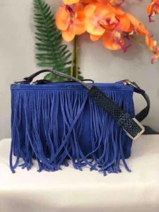 B. MAKOWSKY Royal Blue Fringed Suede Snakeskin Trims & Straps Crossbody Bag - Picture 1 of 8