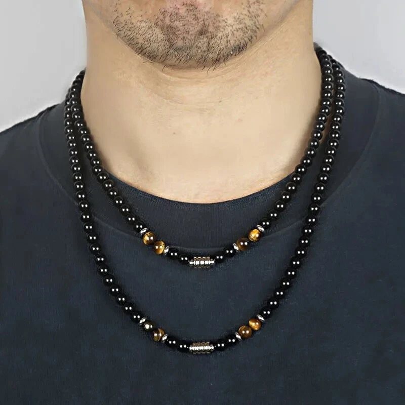 COLLANA IN PIETRA NATURALE OSSIDIANA LUCIDA OCCHIO DI TIGRE UOMO - Immagine 1 di 1