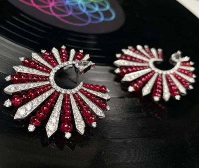 Feature 5.29CT Lab-Created Diamonds & Red Ruby Beads Fan-Shaped Hoop Earrings - Image 1 of 4