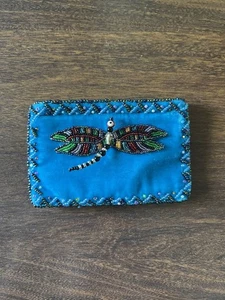 Hand Beaded Dragonfly Velvet Coin Purse Blue Boho Beadwork Pouch Zipper Bag - Picture 1 of 4