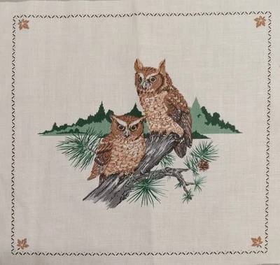 Rare ~ Vintage ~ Cranston ~"Pair of Long-eared Owls"~ Cotton Fabric Panel~ 8"x8" - Image 1 of 2