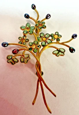 Brooch Flower Pearl Plique A Jour Stained Glass Poured Artisan Made - Image 1 of 4