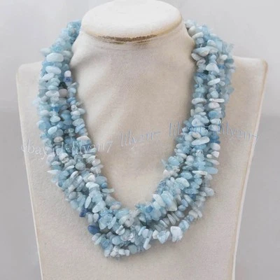 6 Rows Natural Blue Aquamarine Chip Gravel Gemstone Beads Cluster Necklace 18 in - Image 1 of 4