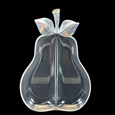 Bandeja de pera dividida acrílica Lucite MCM 1970 Grainware con hojas de peltre vintage Foto 1 de 2