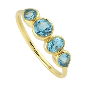 14K Yellow Gold Blue Topaz Bezel Band Dainty Stackable Birthstone Ring For Women - Picture 1 of 7