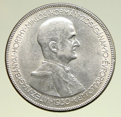 1930 HUNGARY Admiral Miklos Horthy Antique Silver 5 Pengo Hungarian Coin i94980 - Image 1 of 3