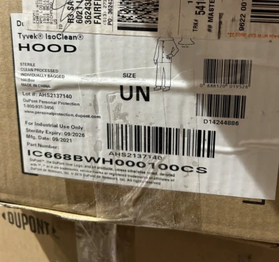 Case of 100 NEW Dupont Tyvek Isoclean Cleanroom Hood, White, Ties IC668BWH000100 - Image 1 of 2