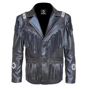 Men Native American Western Cowboy Genuine Black leather Coat Fringe Beads - Picture 1 of 5