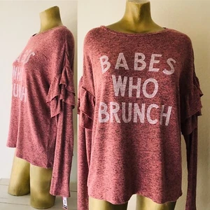 Xhilaration NWT Influencer Style BABES WHO BRUNCH Rose RUFFLE Sleeve SWEATER XL - Picture 1 of 10