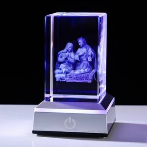 3D Engraved Nativity Scene Crystal Cube with LED Colorful Lighting Touch Base - Picture 1 of 7