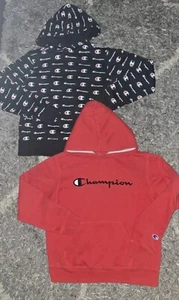 2 Pc BOYS Champion Hooded Logo Sweatshirt Black Never Worn Red Euc - Picture 1 of 3