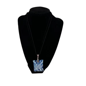 Handcrafted Blue & Silver Glass Pendant Necklace Black velvet Cord 11 inch Boho - Picture 1 of 8