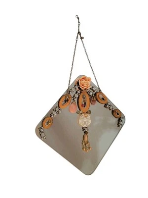 Accent Wall Mirror Upcycled With Gem And Jewels Peach Goldtone 15" Long - Image 1 of 4