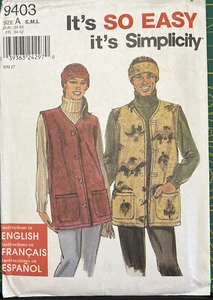 Uncut Simplicity Pattern # 9403 Unisex Vest & Headband Sz A (S-L). Fleece Fall - Picture 1 of 4