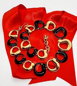 Vintage Monet Gold Tone and Black Enamel Chunky Choker Necklace 17"in Signed - Picture 1 of 7