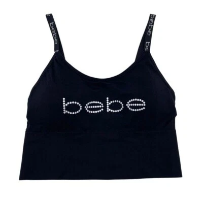 Sutiã esportivo Bebe preto sem costura logotipo ponto prata feminino plus size 1X acolchoado - Imagem 1 de 4