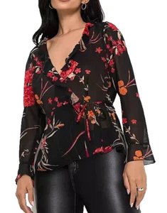 Schwarze Chiffonbluse mit Blumenmuster von Bonprix - Größe 24 - neu ohne Etikett - UVP 38 £ - Bild 1 von 9